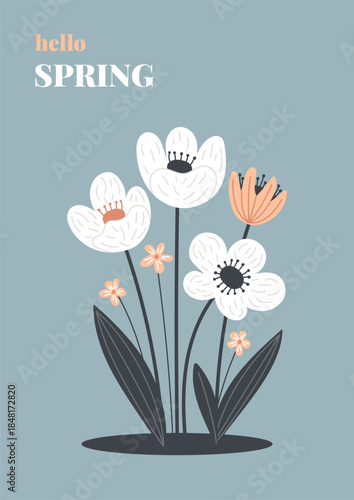 Spring floral poster with blooming white and peach flowers on blue background.