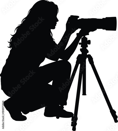 Photographer silhouette with tripod camera, crouching pose vector, black flat icon, CAD drawing flat vector illustration