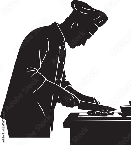 Chef Precision Slicing Ingredients Large Knife Leaning Counter Silhouettes isolated on white background