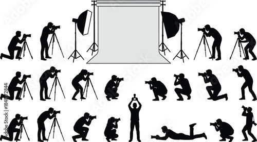 Photographer silhouette collection, camera poses, tripod setup, studio lights, diverse angles, vector illustration, black figures, isolated PNG, creative motion