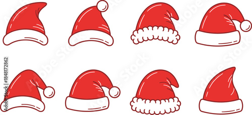 Santa hat silhouette set, Christmas headwear vector, black flat icons, festive design, CAD drawing flat vector illustration
