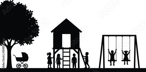 Playground silhouette scene, children outdoor activity, black flat icons, joyful movement, CAD drawing flat vector illustration for design