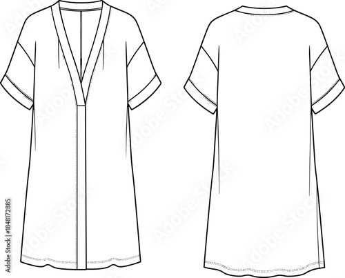 Technical flat sketch of tunic top front and back views, fashion design templateTechnical flat sketch of tunic top front and back views, fashion design template