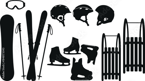 Winter sports gear silhouette set, skiing snowboarding skating icons, black flat shapes, CAD drawing flat vector illustration