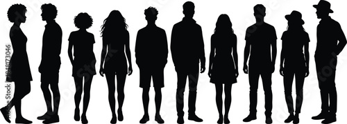 Standing silhouette group, diverse people, fashion styles, posture variety, casual outfits, vector illustration, black figures, isolated PNG, modern design