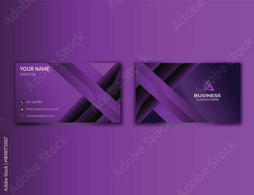Modern and creative purple business card design template with abstract geometric elements. Clean and professional layout suitable for corporate branding, business identity, personal brand.