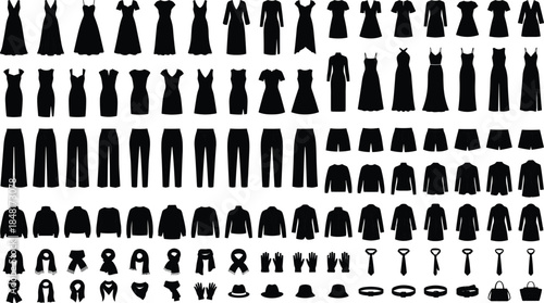 Women’s fashion silhouette vector set, dresses, tops, pants, accessories, black flat icons, editable isolated design