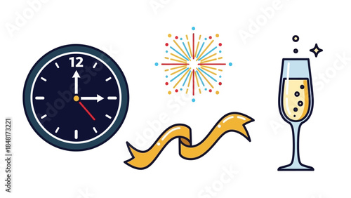 New Year Countdown Clock with Festive Fireworks and Gold Ribbon