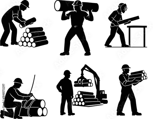 Silhouettes of workers in various stages of handling logs, including stacking, carrying, sawing, tying, and loading with machinery.