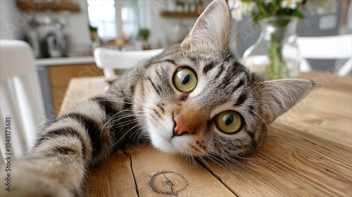 Playful tabby cat with green eyes relaxing on a wooden table, portrait of cute pet resting at home.