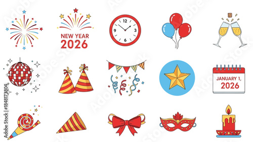 New Year 2026 Celebration Icons with Party Elements - part 3