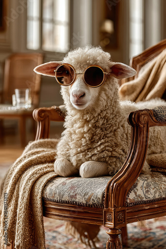 Cool stylish sheep wearing sunglasses relaxing on vintage chair in elegant luxury room, vertical view of funny animal