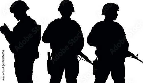 silhouette of three soldiers standing in military gear