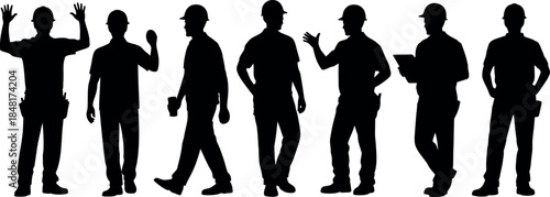 Silhouettes of construction workers in various poses and actions