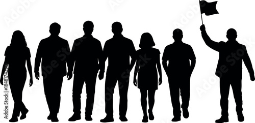 Silhouettes of diverse group of people with one holding a flag on transparent background