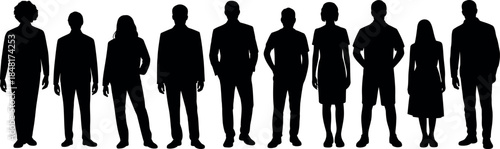 Silhouettes of diverse people standing in a row on transparent background