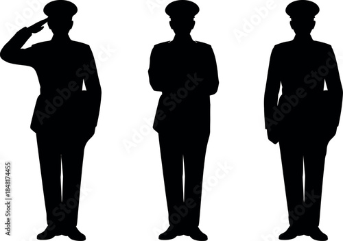 Silhouettes of three men in military uniforms standing in different poses