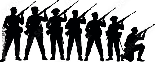 Silhouettes of soldiers in various poses on transparent background