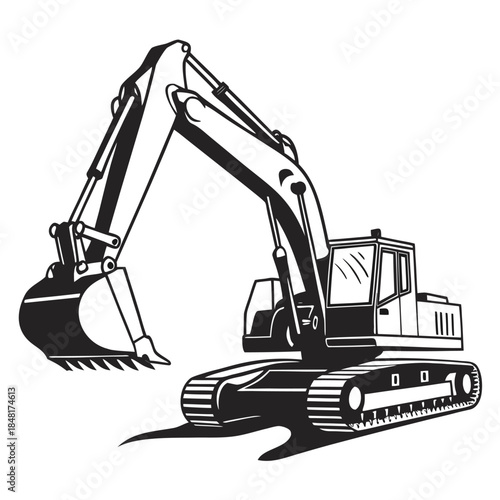 Black and white illustration of an excavator on a transparent background