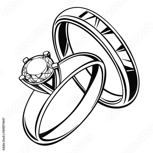 Black and white illustration of intertwined wedding rings with a diamond engagement ring