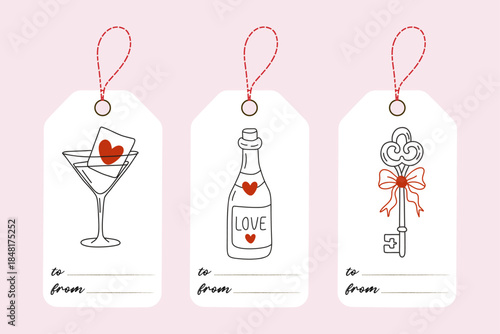 Romantic Valentine’s Day gift tags — set of three vertical gift tags with hand-drawn romantic illustrations with cocktail glass with heart card, love bottle, and decorative key with ribbon. 