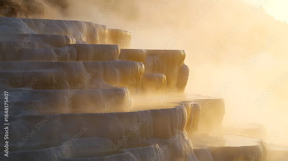 Fototapeta premium A breathtaking cascade of terraces bathed in warm golden sunlight, creating a serene and ethereal landscape. The soft mist adds an aura of mystery to the natural wonder.