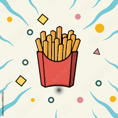 Halftone pop art dot french fries in a red paper box with geometric background, vector illustration