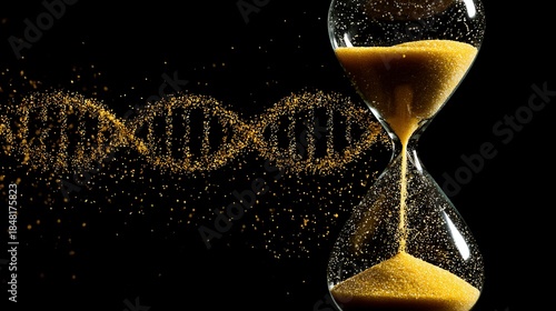 Time slips through an hourglass next to a shimmering DNA strand
