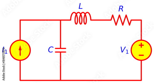RLC Circuit Diagram with Inductor, Capacitor, Resistor, Current Source and Voltage Source – Electrical Engineering Schematic for AC Analysis, Signal Processing and Education

