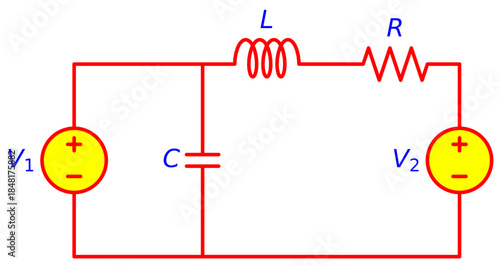 Editable RLC Electrical Circuit Diagram with Dual Voltage Sources, Inductor, Capacitor and Resistor