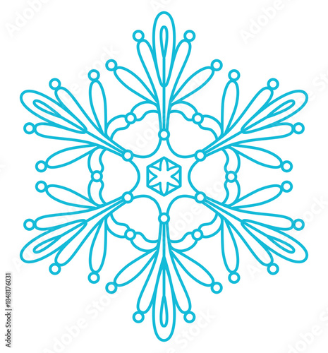 Single snowflake isolated on transparent background. Line drawing. Hand drawn vector illustration, editable stroke. Seasonal winter design element, clip art. Falling snow, frozen water, ice crystal