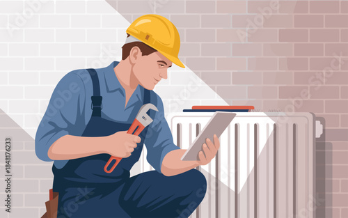 A worker inspecting a radiator with a wrench and clipboard in a brick-walled room