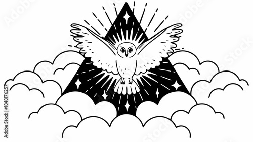 Enchanted Owl Silhouette Flying with Glowing Magical Symbols - Mystical Night Sky Vector