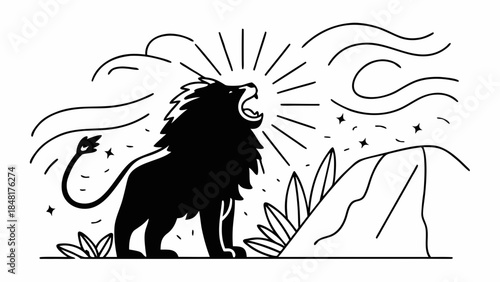 Majestic Roaring Lion Silhouette Emitting Magical Energy - Powerful Aura Vector Graphic