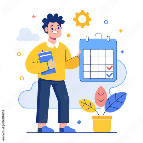 Vector illustration of a successful businessman or worker character holding a mobile phone and money to represent a modern financial growth concept