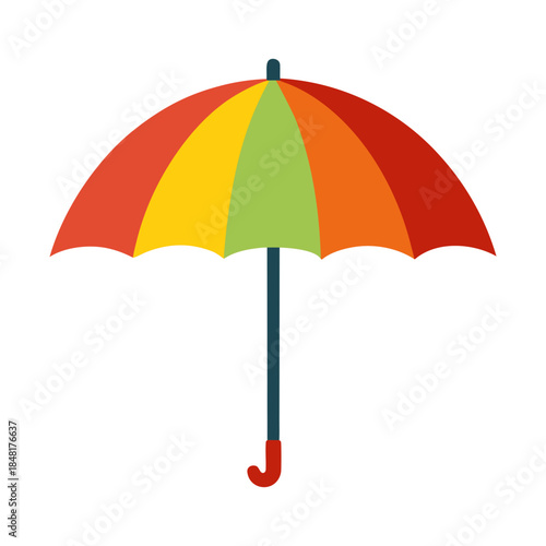A single open red and yellow umbrella provides colorful sun protection and rain shelter as a vector object isolated on a white background, serving as a summer beach parasol or wet weather accessory