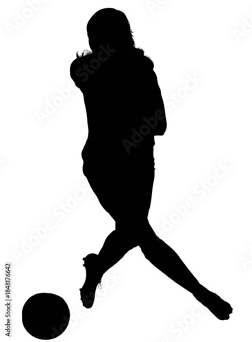 Female soccer player in action with ball on field.