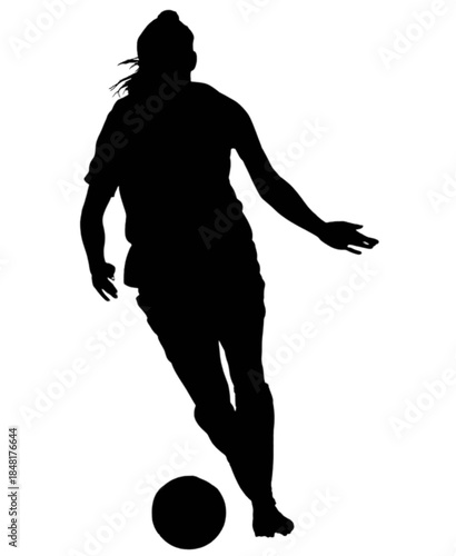 Female soccer player dribbling a ball on the field.