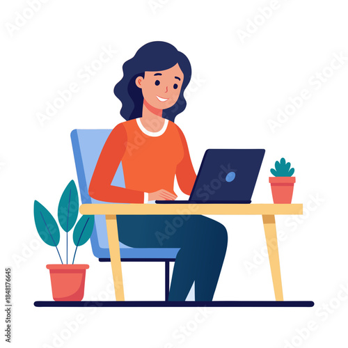 A young woman and man sit at a desk working on a laptop while a student reads a book, illustrating a flat vector cartoon of people studying and working in a modern business office or school