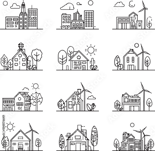 Silhouette icons of sustainable urban development and renewable energy