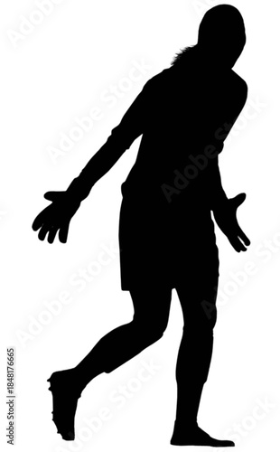 Female soccer goalkeeper celebrates a victory with outstretched arms.