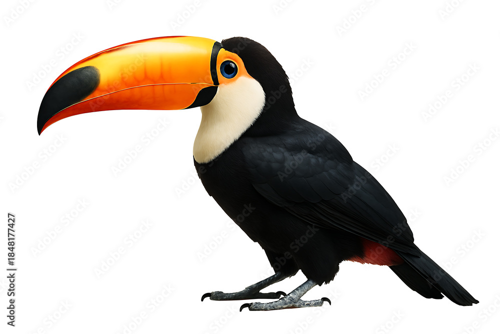 Obraz premium Tropical toucan bird with colorful beak perched on a branch isolated on white.