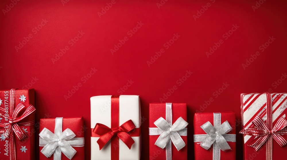 Fototapeta premium Festive Red and White Gift Boxes: Classic Christmas Presents Adorning a Vibrant Background