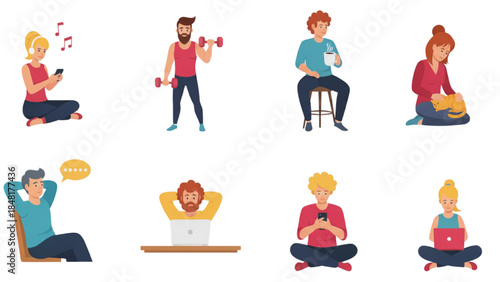 Flat vector illustration set of young people characters doing daily lifestyle activities, hobbies, working, exercising, and relaxing isolated on white background