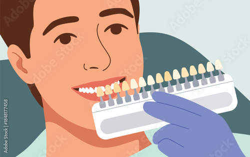 A dentist compares a patient's teeth to a dental shade guide
