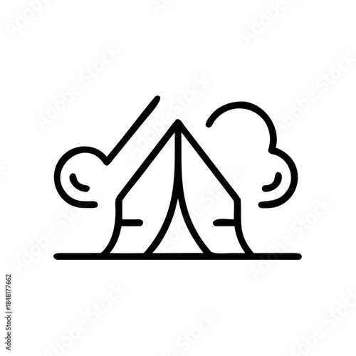 Camping tent illustration surrounded by trees in a minimalist style  