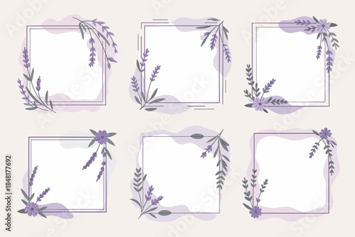 A collection of six square frames adorned with lavender illustrations on a soft background
