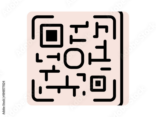 Hand drawn cute illustration of QR code. Flat vector quick response code doodle. Barcode for scanning icon or sticker. Two dimensional payment or network code. Data or information store. Isolated.