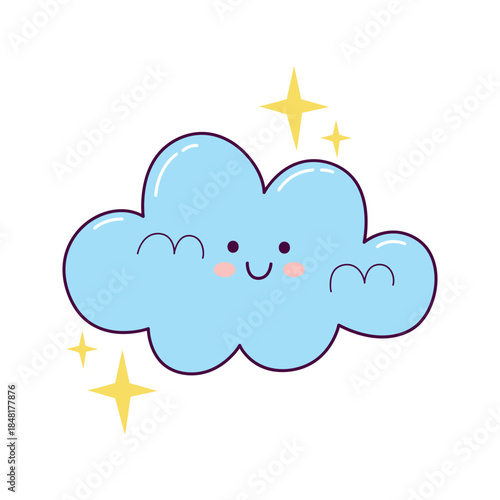 Cute smiling cloud illustration with sparkle stars in hand drawn style
