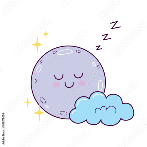 Cute sleeping moon with cloud illustration in hand drawn style
